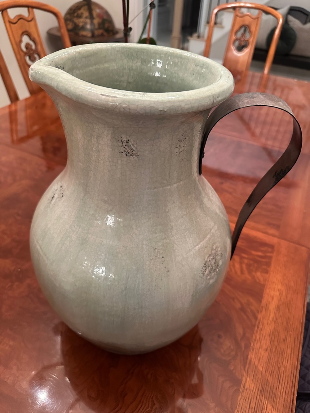 Pottery Barn Pale Sage Green Ceramic Pitcher with Metal Handle